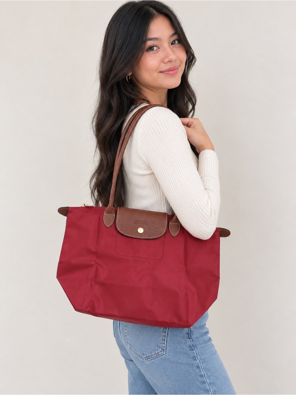 L0ngchamp Classic Red Tote Bag with Brown Trim (Unbranded)